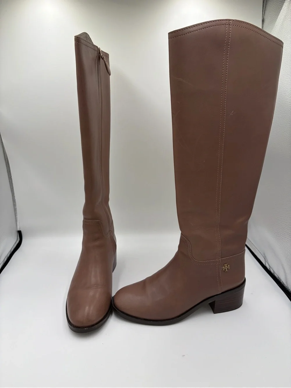 Tory Burch Fulton Leather Riding Boots Gold Logo Women's Knee-High Boots size 8